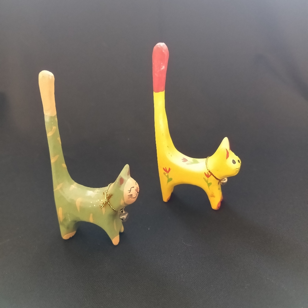 Two Handcrafted Wood Mini Cat Figurines - Green and Yellow - Picture 5 of 17